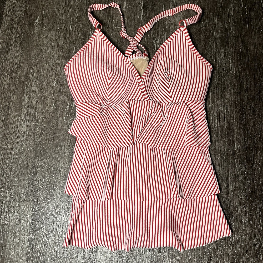SWIM BY CACIQUE Womens Red White Striped Swim Tankini Top Ruffle Wire Free Sz 14